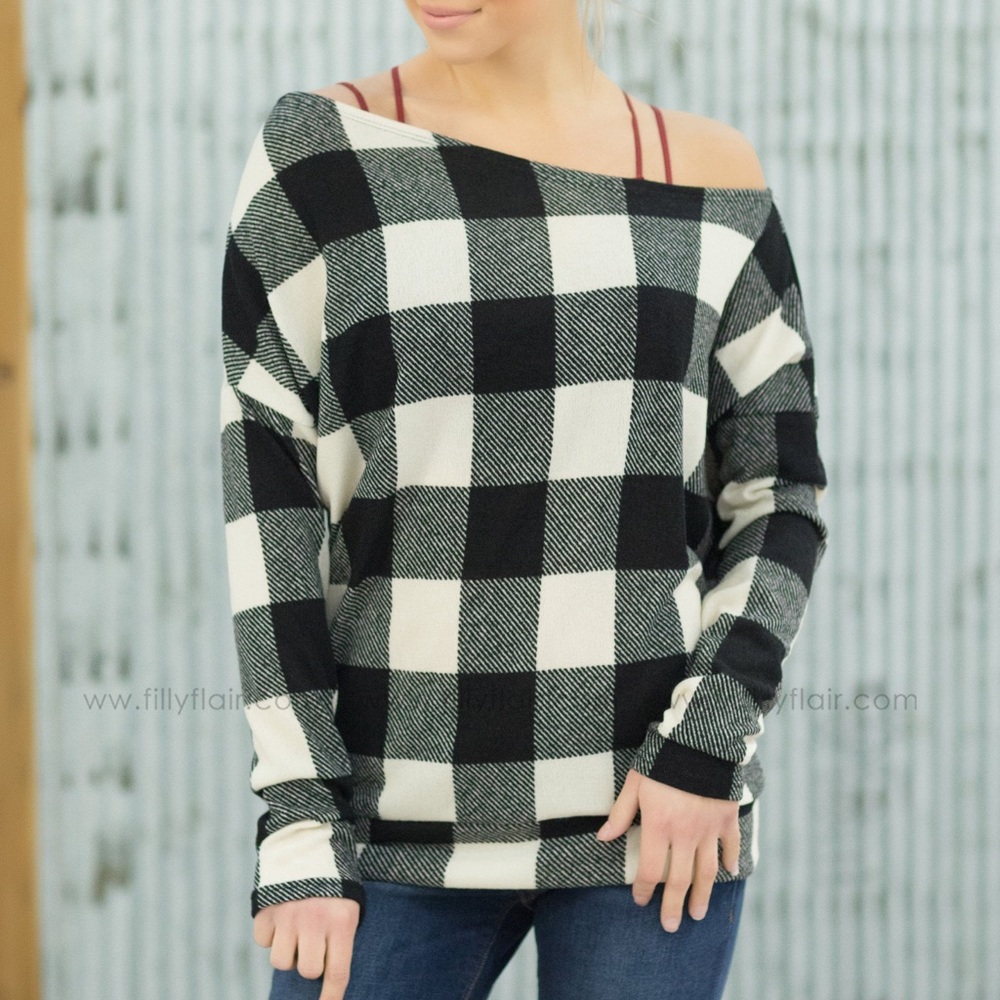 Buffalo plaid, off the shoulder